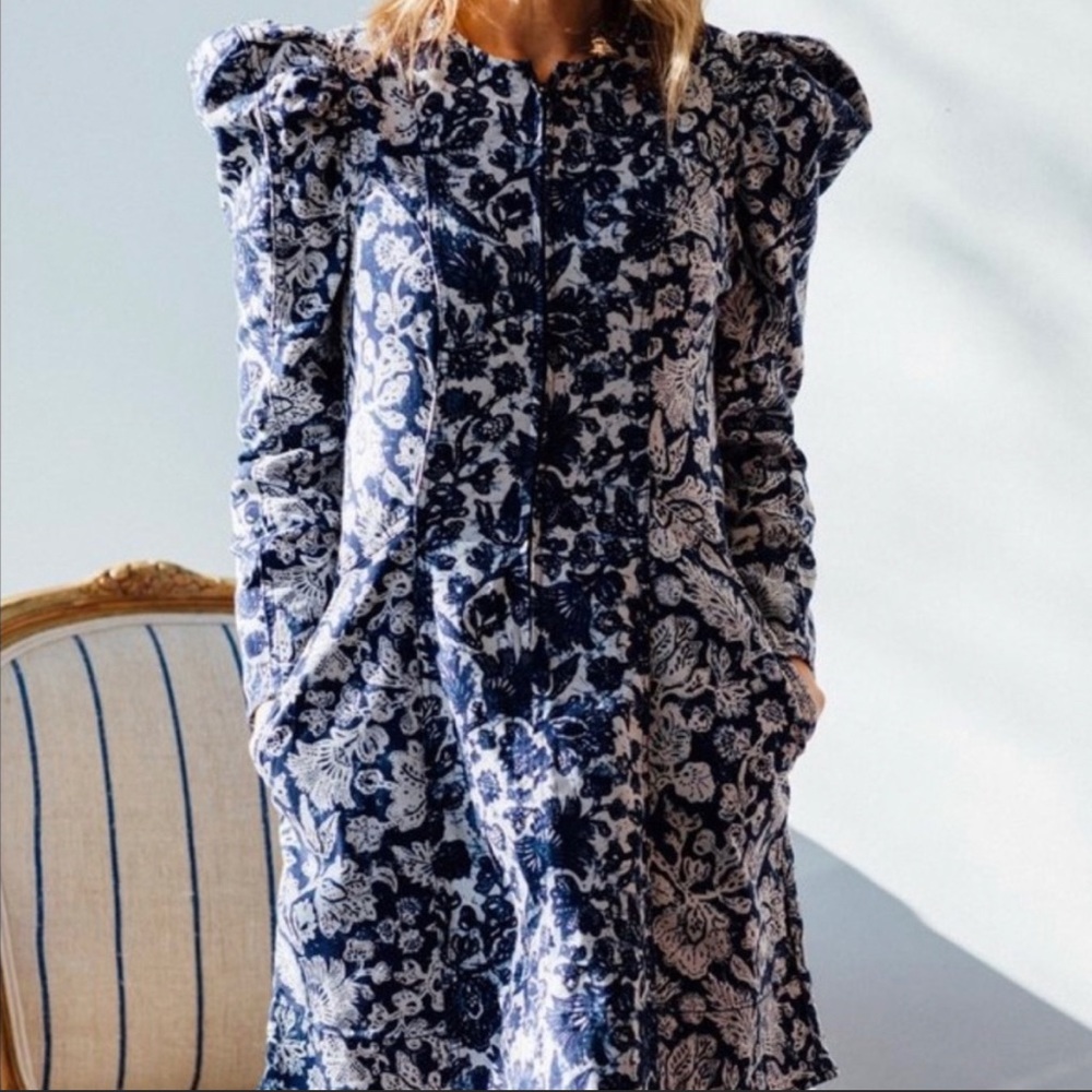 ULLA JOHNSON Wren Floral Patchwork Blue Puff Sleeve Dress Sz 4